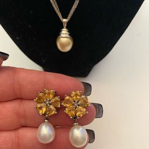 GENUINE SOUTH SEA PEARL STERLING NECKLACE & GENUINE CITRINE PEARL EARRINGS